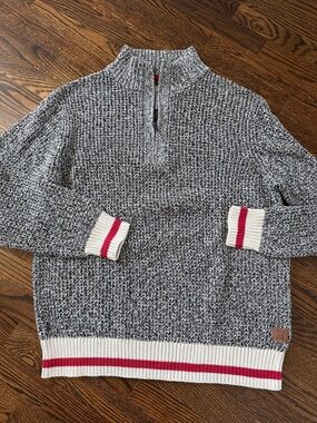 Roots Men's Gray Marled Half-Zip Sweater with Red Stripe Accent